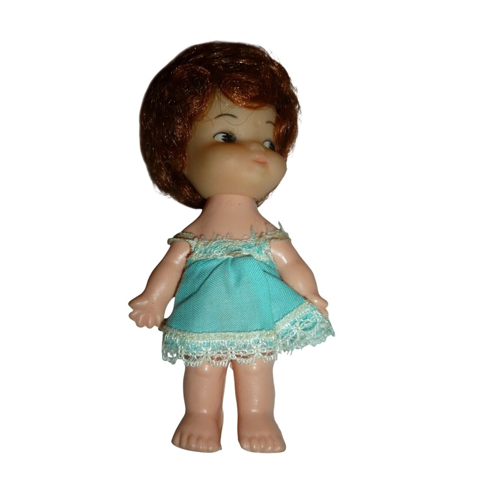Vintage Miniature 4" Vinyl Doll Made‎ in Hong Kong Auburn Hair Blue Lace Dress